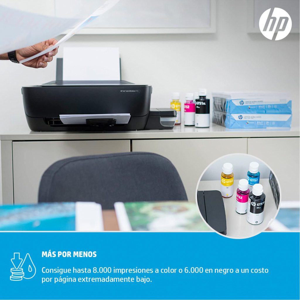 HP Ink Tank 415 WiFi Colour Printer, High Capacity Tank 6000 Black and 8000 Colour, Low Cost per Page (10p for B/W and 20p for Colour), Borderless Print