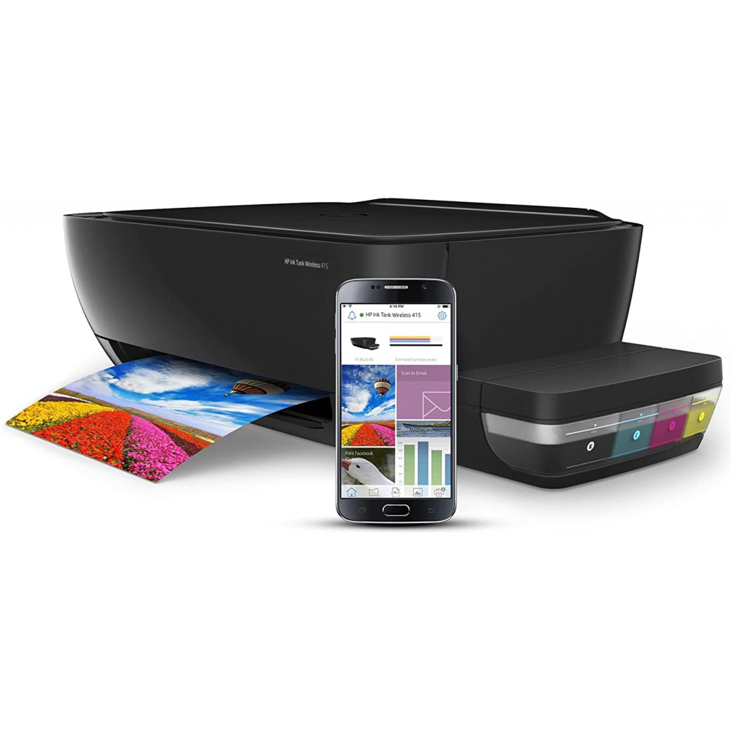 HP Ink Tank 415 WiFi Colour Printer, High Capacity Tank 6000 Black and 8000 Colour, Low Cost per Page (10p for B/W and 20p for Colour), Borderless Print