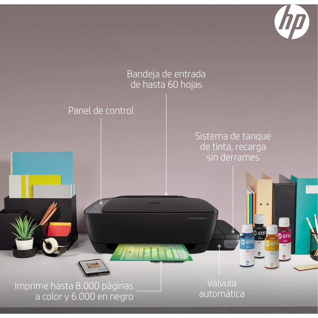 HP Ink Tank 415 WiFi Colour Printer, High Capacity Tank 6000 Black and 8000 Colour, Low Cost per Page (10p for B/W and 20p for Colour), Borderless Print