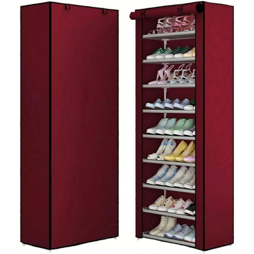 Multipurpose Portable Folding Shoes Rack 9 Tiers Multi-Purpose Shoe Storage Organizer Cabinet Tower with Iron and Nonwoven Fabric with Zippered Dustproof Cover Color Brown Shoe Organizers TilyExpress 9