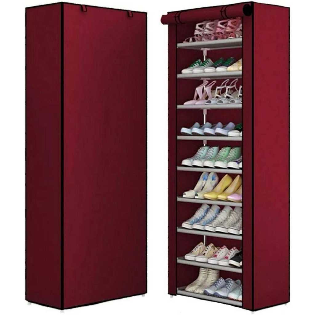 Multipurpose Portable Folding Shoes Rack 9 Tiers Multi-Purpose Shoe Storage Organizer Cabinet Tower with Iron and Nonwoven Fabric with Zippered Dustproof Cover Color Brown