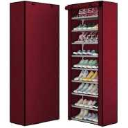 Multipurpose Portable Folding Shoes Rack 9 Tiers Multi-Purpose Shoe Storage Organizer Cabinet Tower with Iron and Nonwoven Fabric with Zippered Dustproof Cover Color Brown