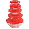 5 Piece Glass Bowl Set With Matching Red Plastic Lids