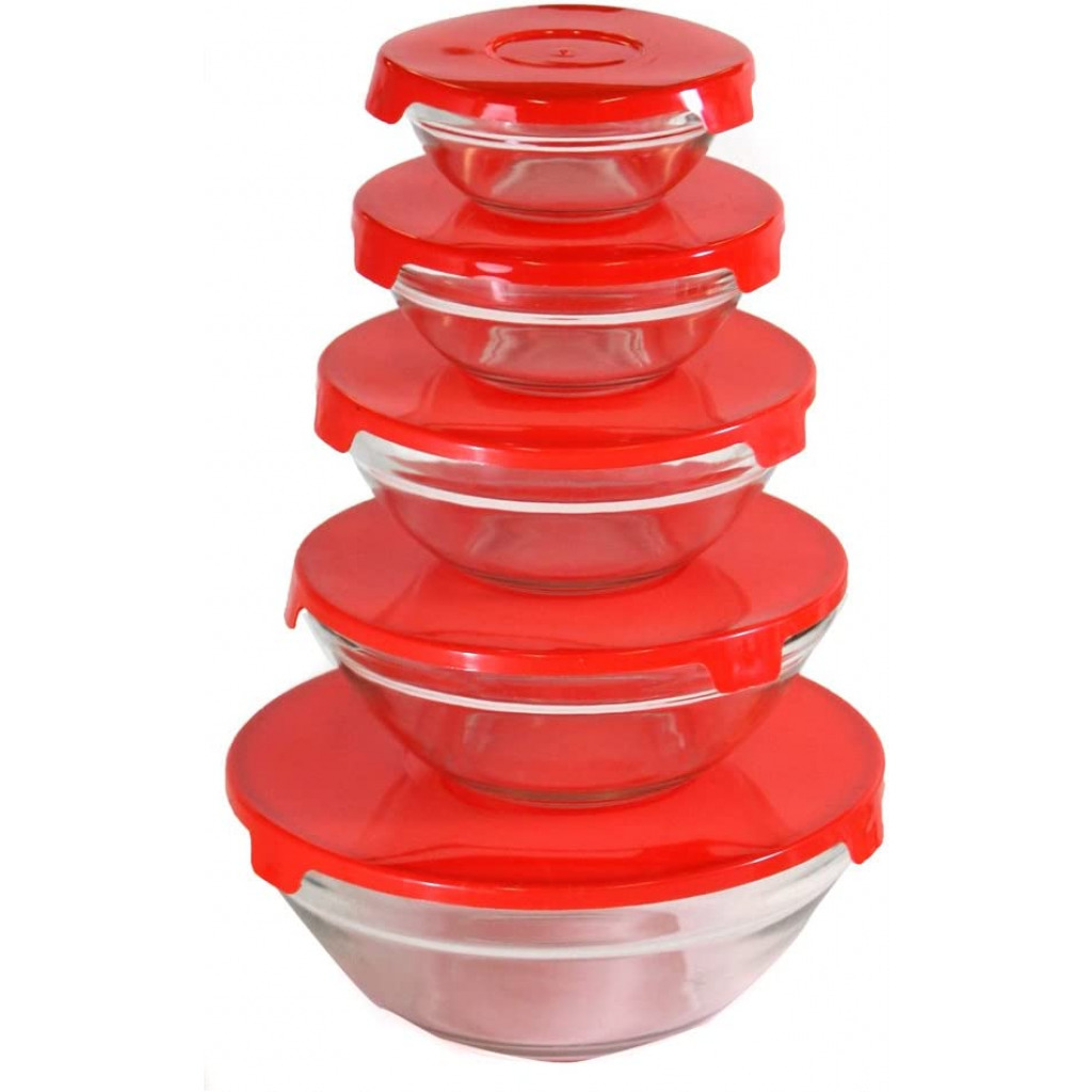 5 Piece Glass Bowl Set With Matching Red Plastic Lids