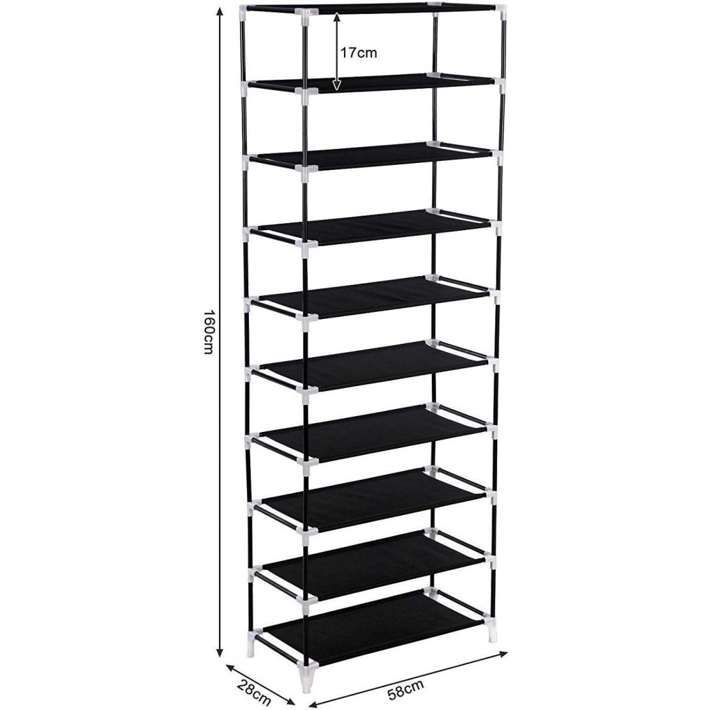 Multipurpose Portable Folding Shoes Rack 9 Tiers Multi-Purpose Shoe Storage Organizer Cabinet Tower with Iron and Nonwoven Fabric with Zippered Dustproof Cover Color Navy Blue