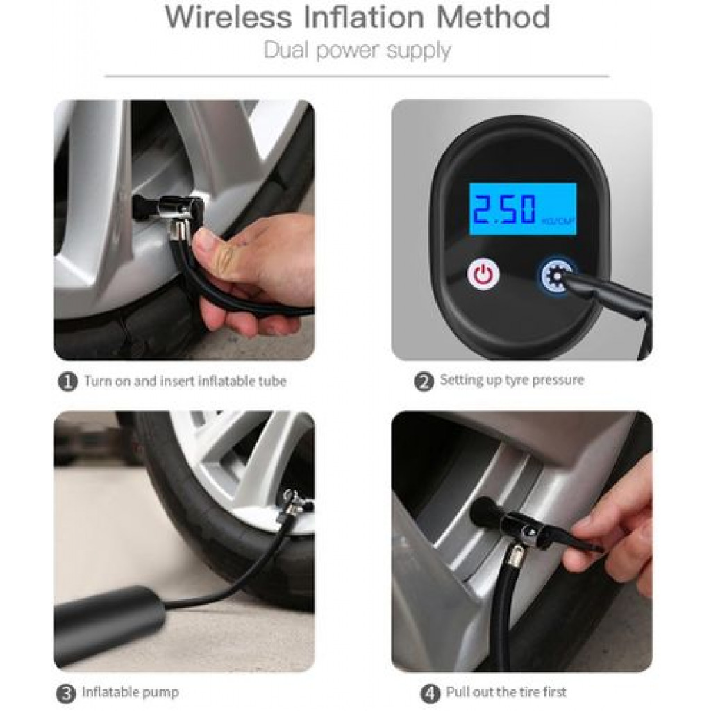 Car Wireless Inflatable Pump 12V Portable Air Pumps Electric Tire Inflator -Black