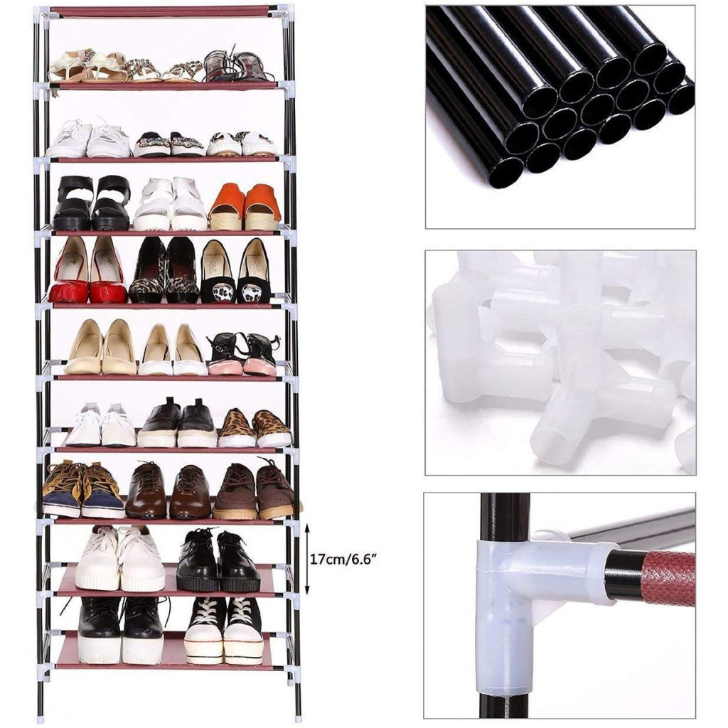 Multipurpose Portable Folding Shoes Rack 9 Tiers Multi-Purpose Shoe Storage Organizer Cabinet Tower with Iron and Nonwoven Fabric with Zippered Dustproof Cover Color Brown