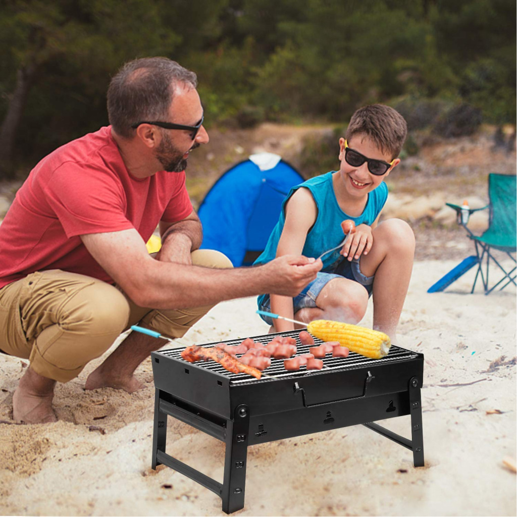 Folding Portable Outdoor Barbeque Charcoal BBQ Grill Oven Black Carbon Steel, Black