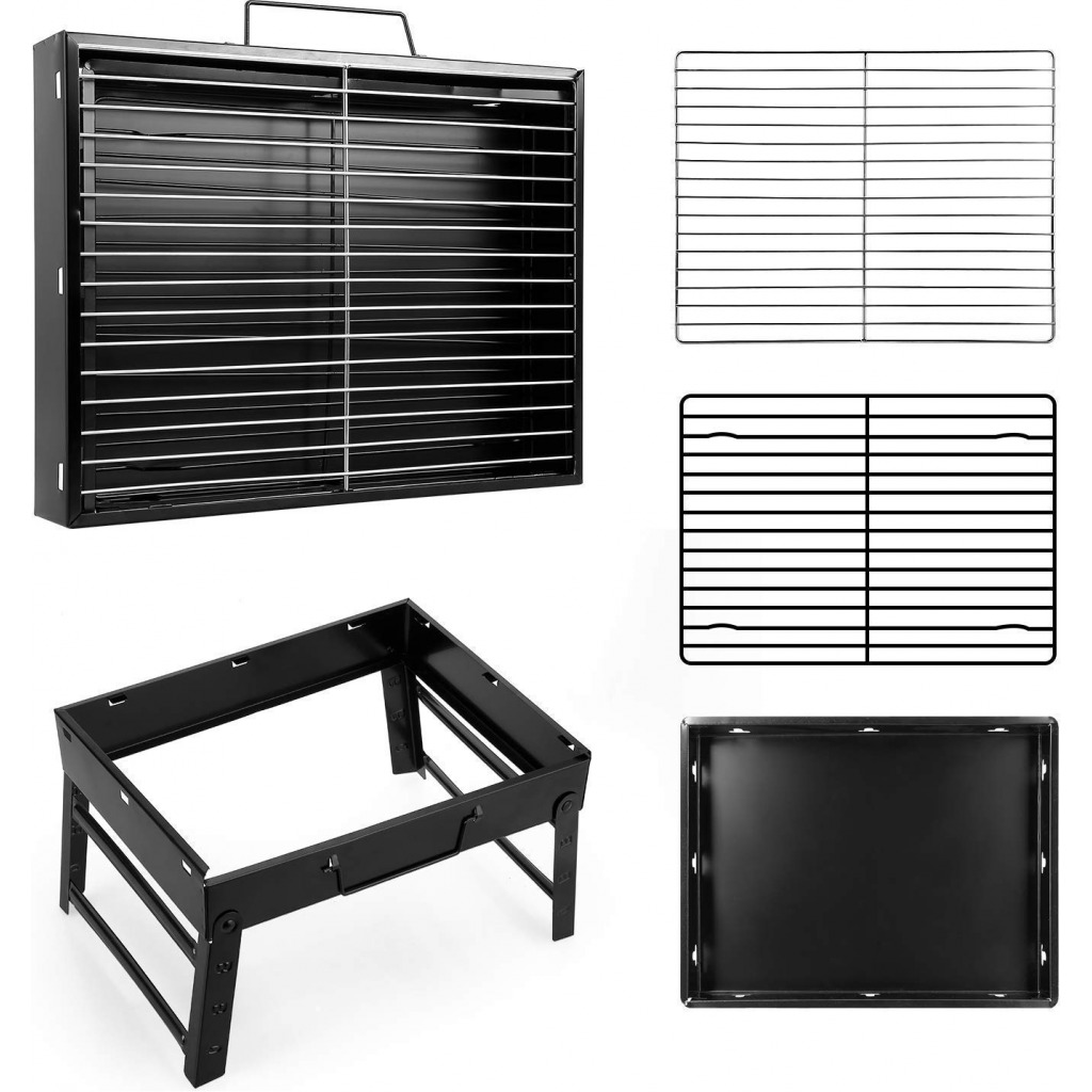 Folding Portable Outdoor Barbeque Charcoal BBQ Grill Oven Black Carbon Steel, Black