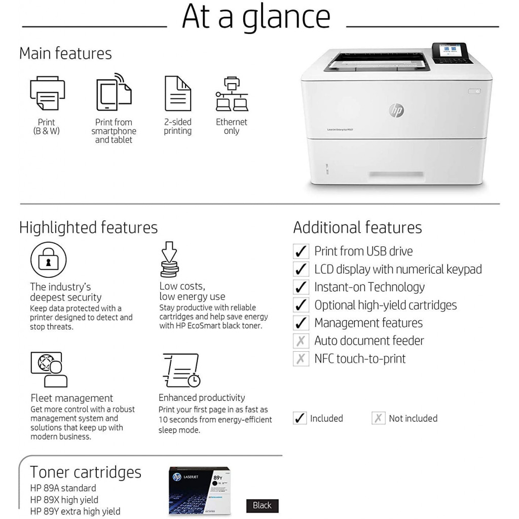 HP LaserJet Enterprise M507dn Monochrome Printer with built-in Ethernet & 2-sided printing