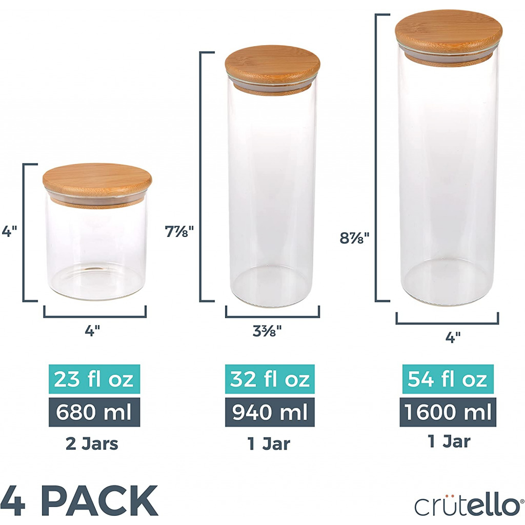 Glass Food Storage Containers with Bamboo Lids, 4 Pack - One 54 Fluid oz, One 32 Fluid oz, and Two 23 Fluid oz Airtight Clear Kitchen Organization Canisters