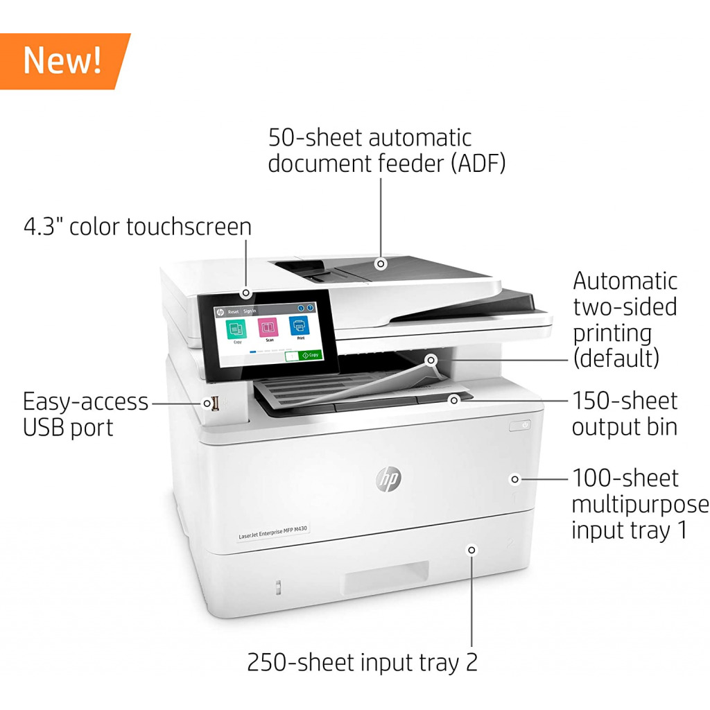 HP LaserJet Enterprise MFP M430f Monochrome All-in-One Printer with integrated Ethernet and duplex printing