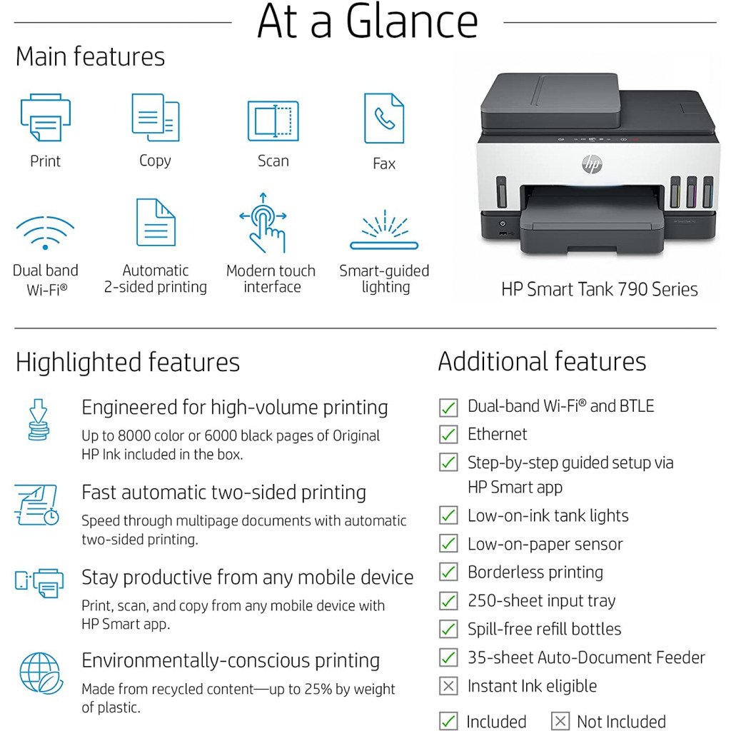 HP Smart Tank 790 WiFi Duplex Hi-Capacity Tank Printer with Magic Touch Panel with ADF, auto Ink & Paper Sensor (up to 12K Black or 8K Color Pages of Ink)