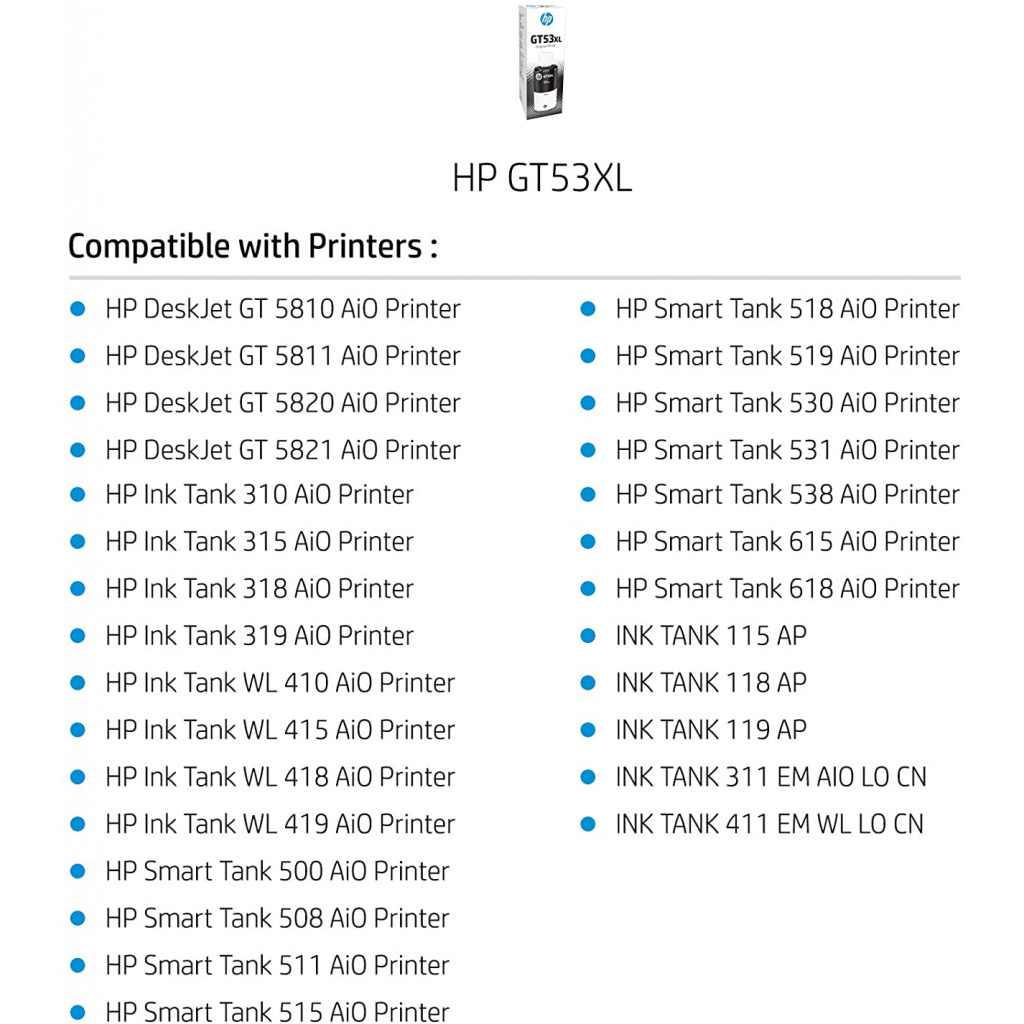 HP GT53XL 135-ml Black Original Ink Toner Bottle For Use in Smart Tank Printers