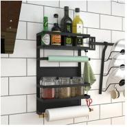 Magnetic Fridge Side Shelf Storage Organizer, Spice Rack Hanger 6 Hooks -Black