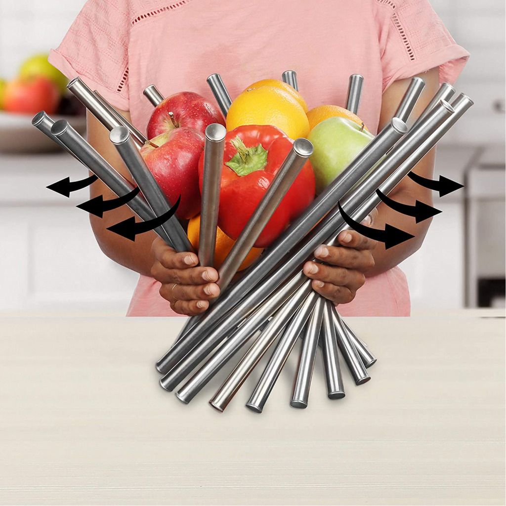 Stainless Steel Collapsible Creative Fruit Basket - Large Decorative Kitchen Bowl Stand for Apples, Bananas, Oranges and Bread - Holder for Countertop Storage and Table Decoration