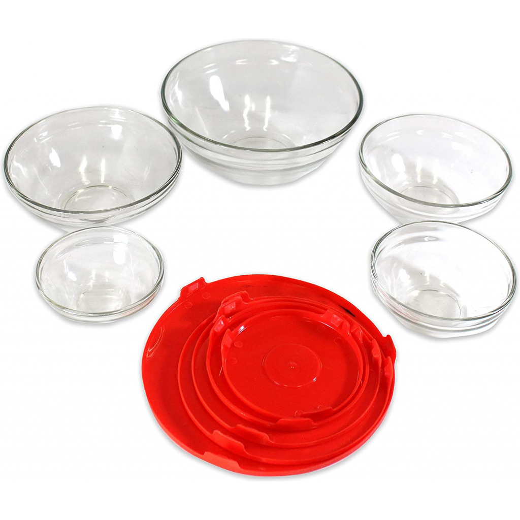 5 Piece Glass Bowl Set With Matching Red Plastic Lids