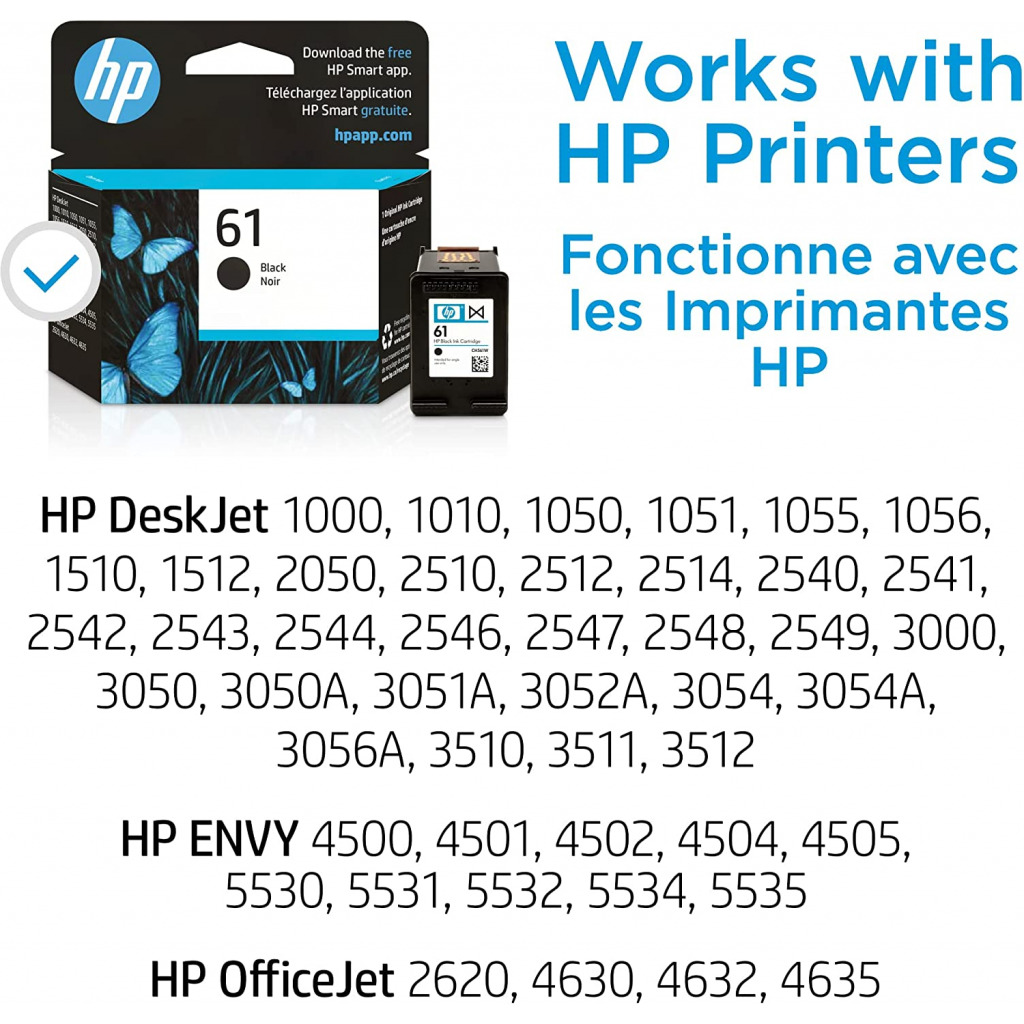 Original HP 61 Black Ink Cartridge | Works with DeskJet 1000, 1010, 1050, 1510, 2050, 2510, 2540, 3000, 3050, 3510; ENVY 4500, 5530; OfficeJet 2620, 4630 Series | Eligible for Instant Ink | CH561WN