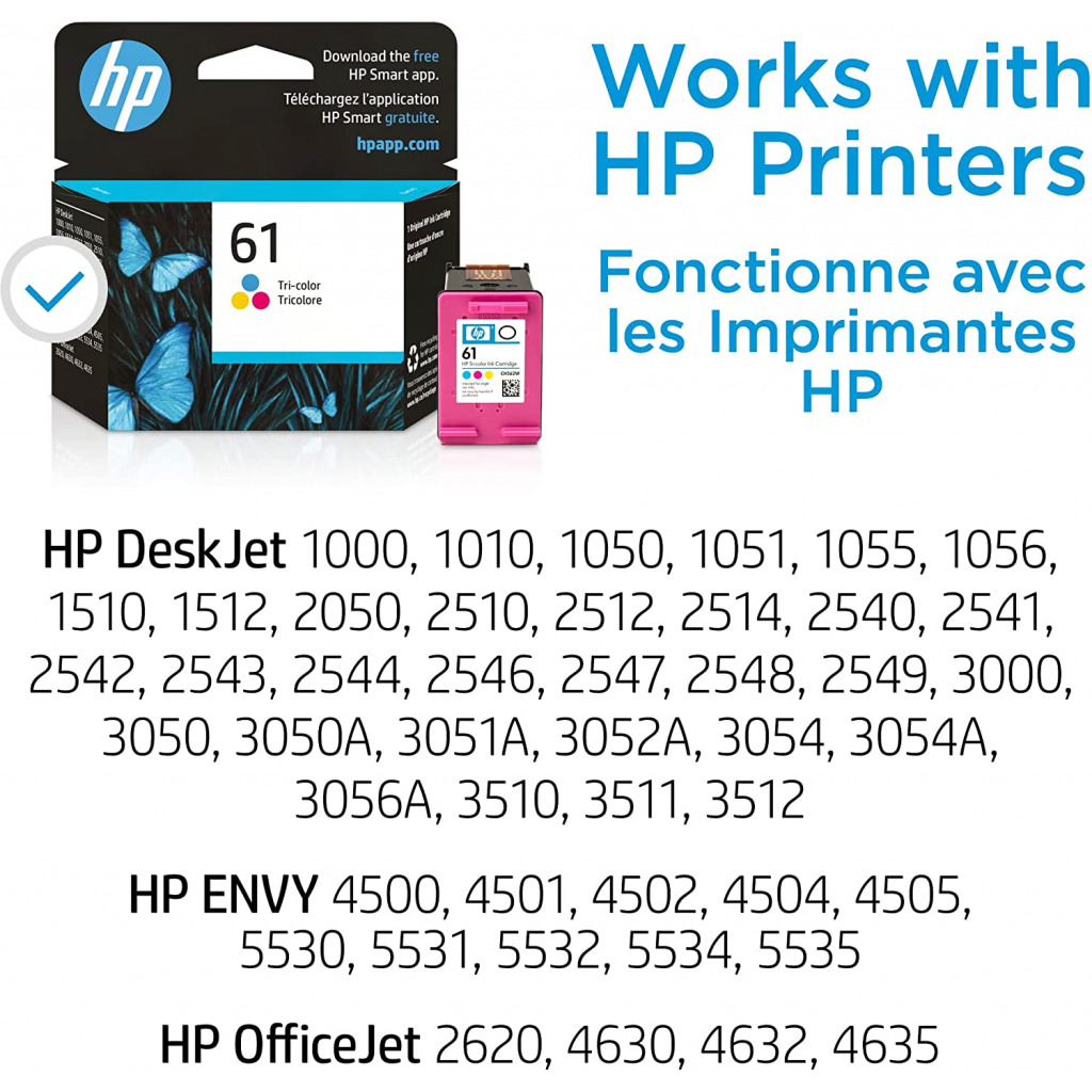 Original HP 61 Tri-color Ink | Works with DeskJet 1000, 1010, 1050, 1510, 2050, 2510, 2540, 3000, 3050, 3510; ENVY 4500, 5530; OfficeJet 2620, 4630 Series | Eligible for Instant Ink | CH562WN