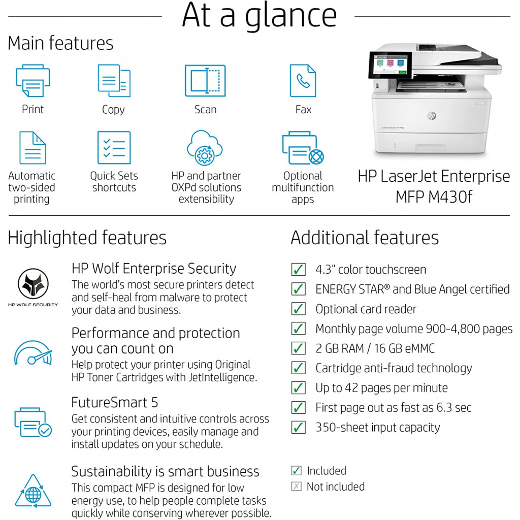 HP LaserJet Enterprise MFP M430f Monochrome All-in-One Printer with integrated Ethernet and duplex printing