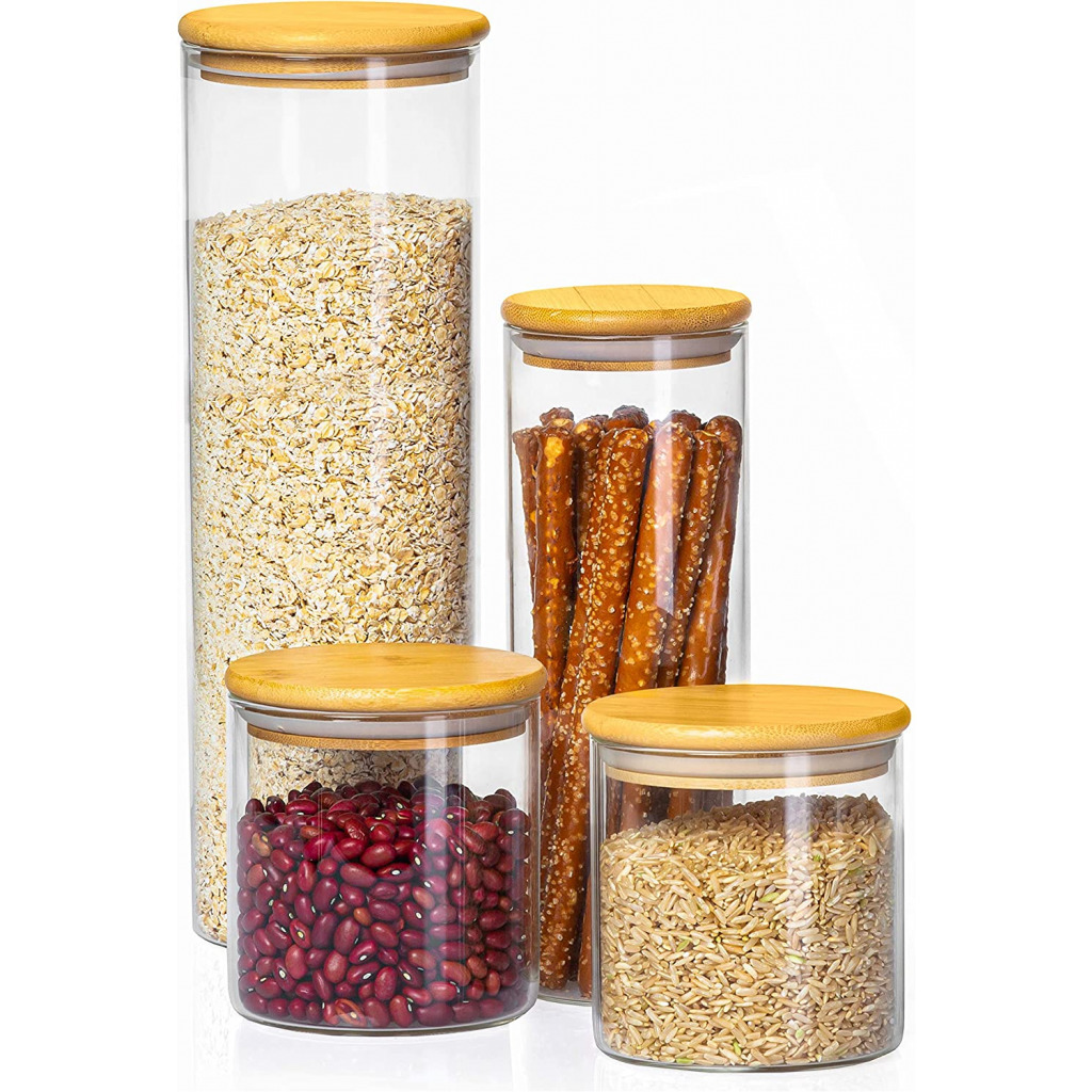 Glass Food Storage Containers with Bamboo Lids, 4 Pack – One 54 Fluid oz, One 32 Fluid oz, and Two 23 Fluid oz Airtight Clear Kitchen Organization Canisters Food Savers & Storage Containers TilyExpress 8