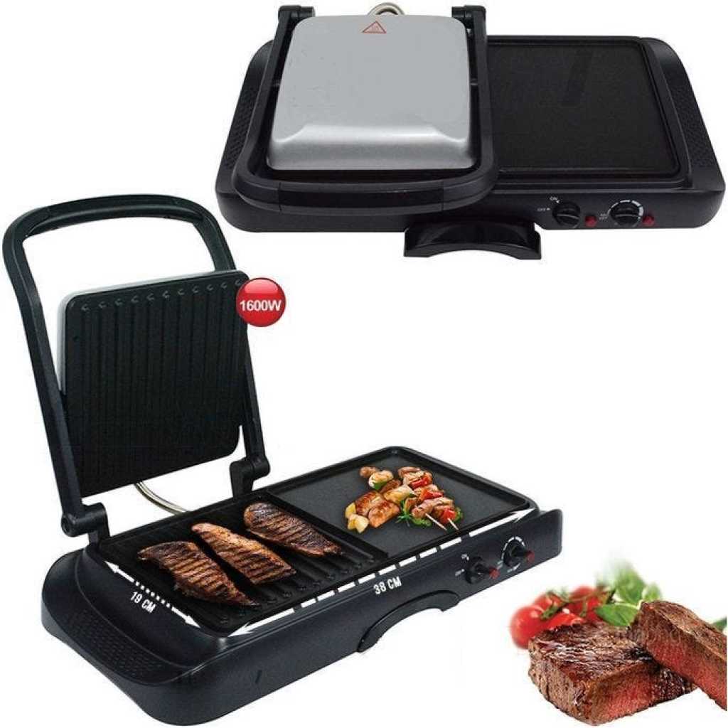 Dsp 2 in1 Dual Side & Griddle Non-Stick Electric BBQ Grill Press Frying Pan KB1050 - Black