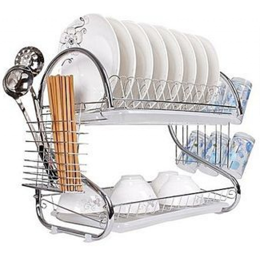 2 Tier Steel Plate Dish Drying Draining Rack Storage Organizer, Silver