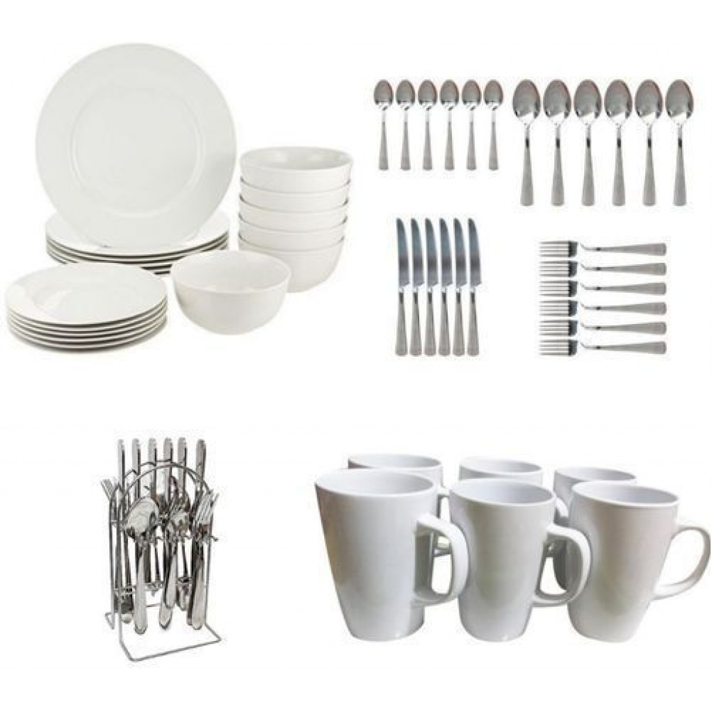 49Pc Ceramic Plates Cups Cutlery Set- White