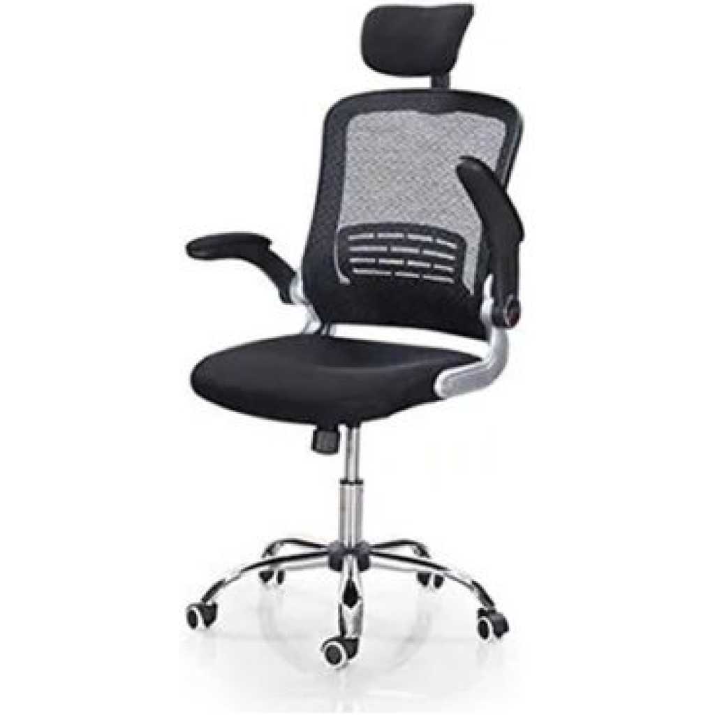 High-Back Black Mesh Swivel Ergonomic Executive Office Chair with Flip-Up Arms and Adjustable Headrest