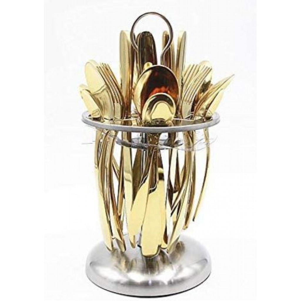 24 pieces Of Plain Cutlery (Forks,Spoons& Knives) with a Stand - Gold