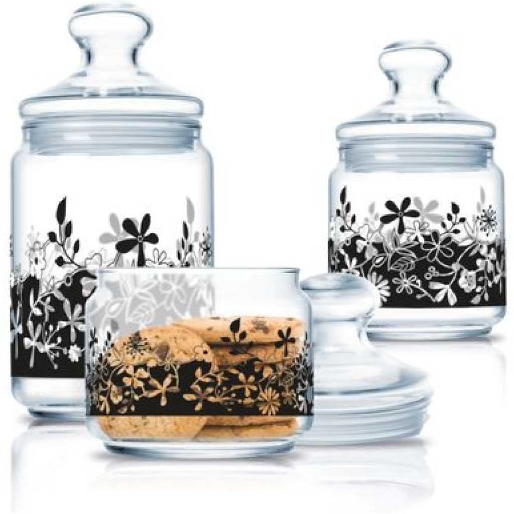 Luminarc 3 Piece Eden Black Sugar Bowl, Food Storage Jar Container Set, Colourless