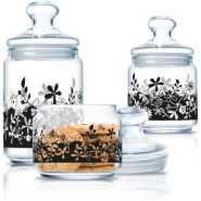 Luminarc 3 Piece Eden Black Sugar Bowl, Food Storage Jar Container Set, Colourless