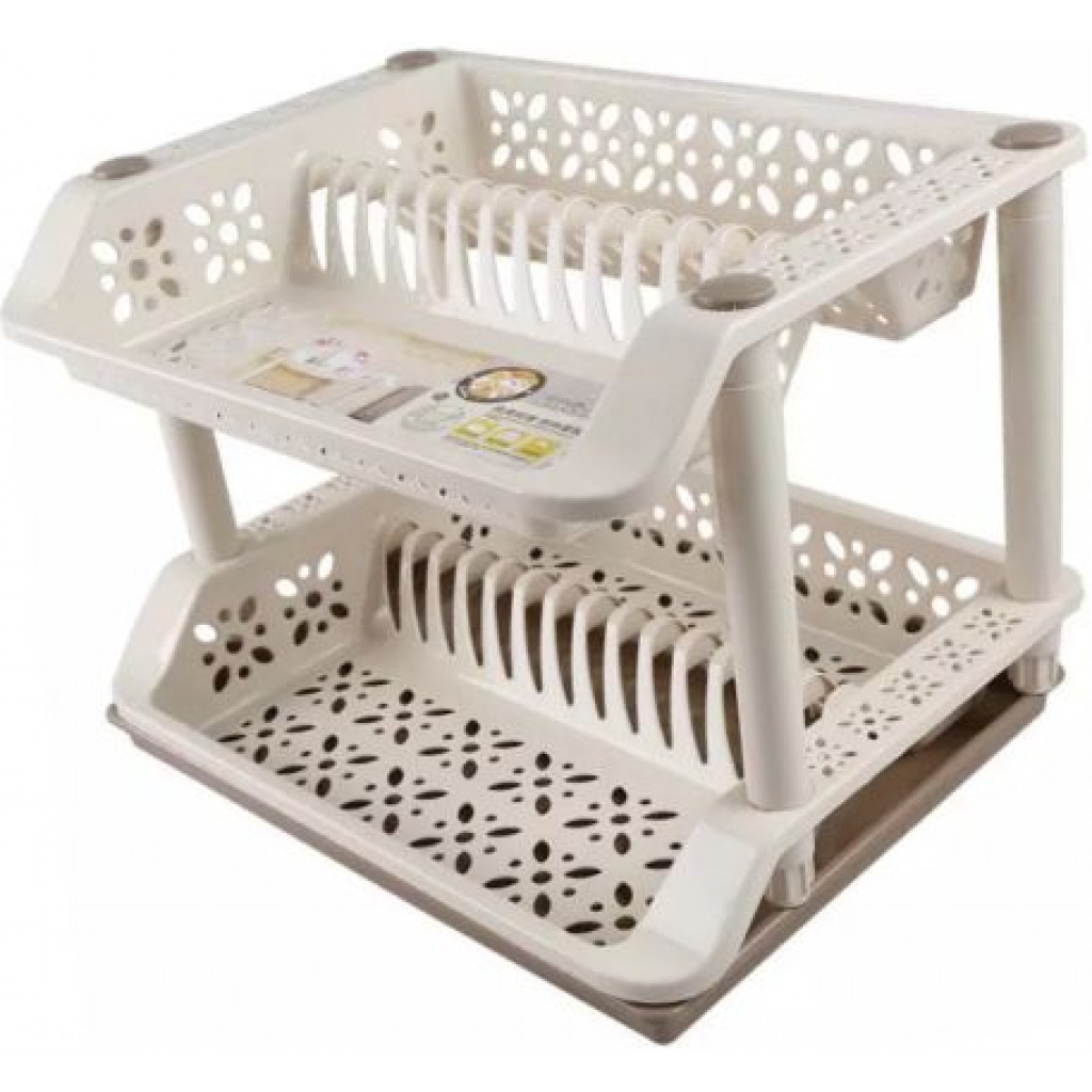 2 Tier kitchen Plastic Dish Draining Drying Storage rack tray - Cream