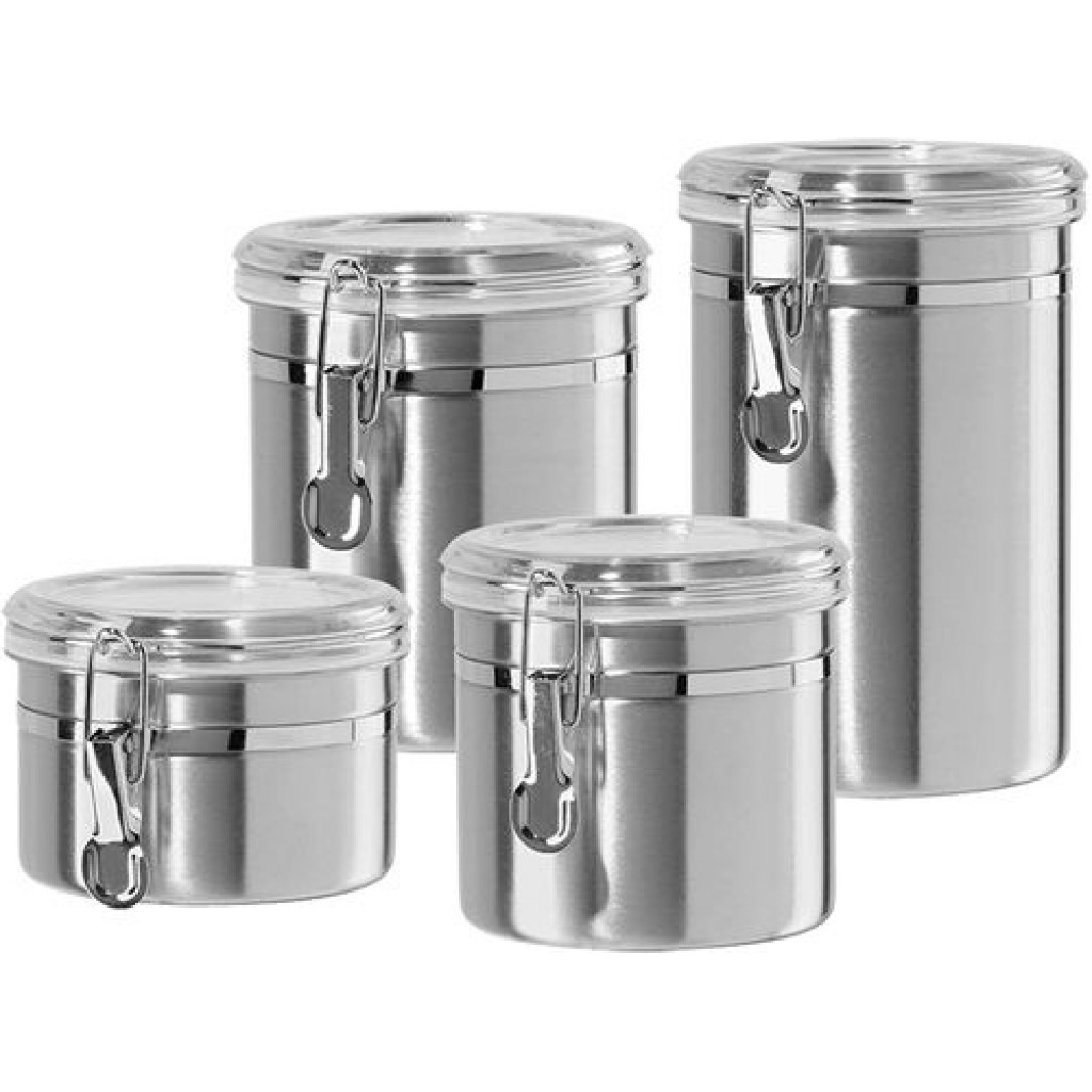 4-Piece Stainless Steel Canister Storage Tins With Acrylic Lid, Silver