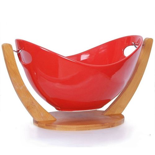 Swinging Fruit/ Salad Bowl Dish On Bambo Stand-Red.