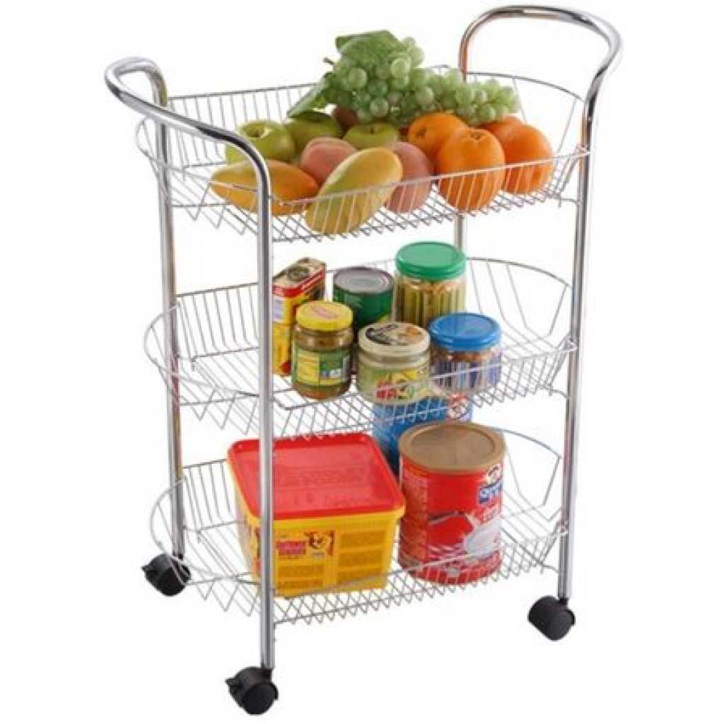 3 Tier Metal Kitchen Organizer Trolley Storage Rack With Wheels, Silver