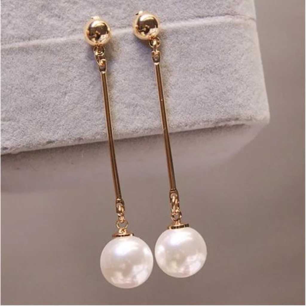 New Long Tassel Simulated Pearl Drop Earrings for Women-Gold