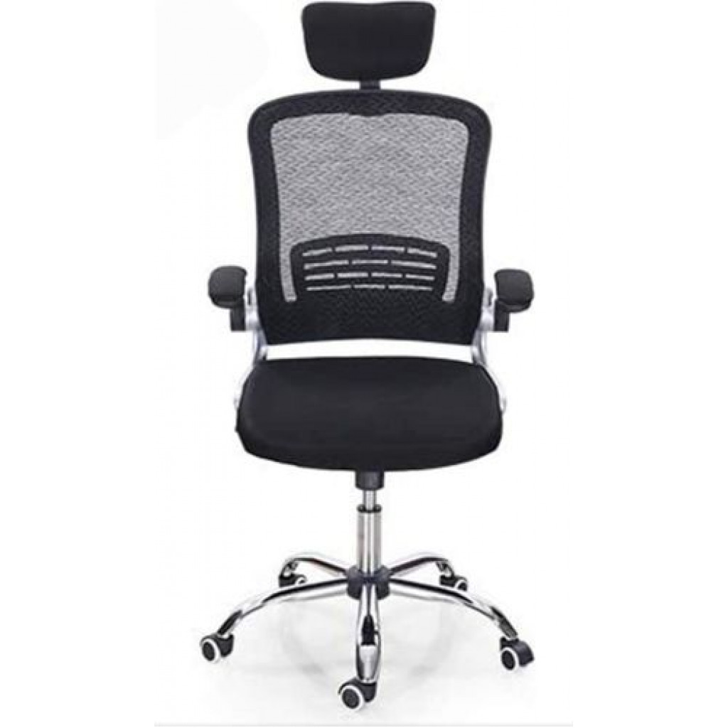 High-Back Black Mesh Swivel Ergonomic Executive Office Chair with Flip-Up Arms and Adjustable Headrest