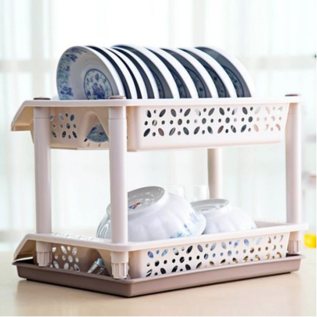 2 Tier kitchen Plastic Dish Draining Drying Storage rack tray,Pink