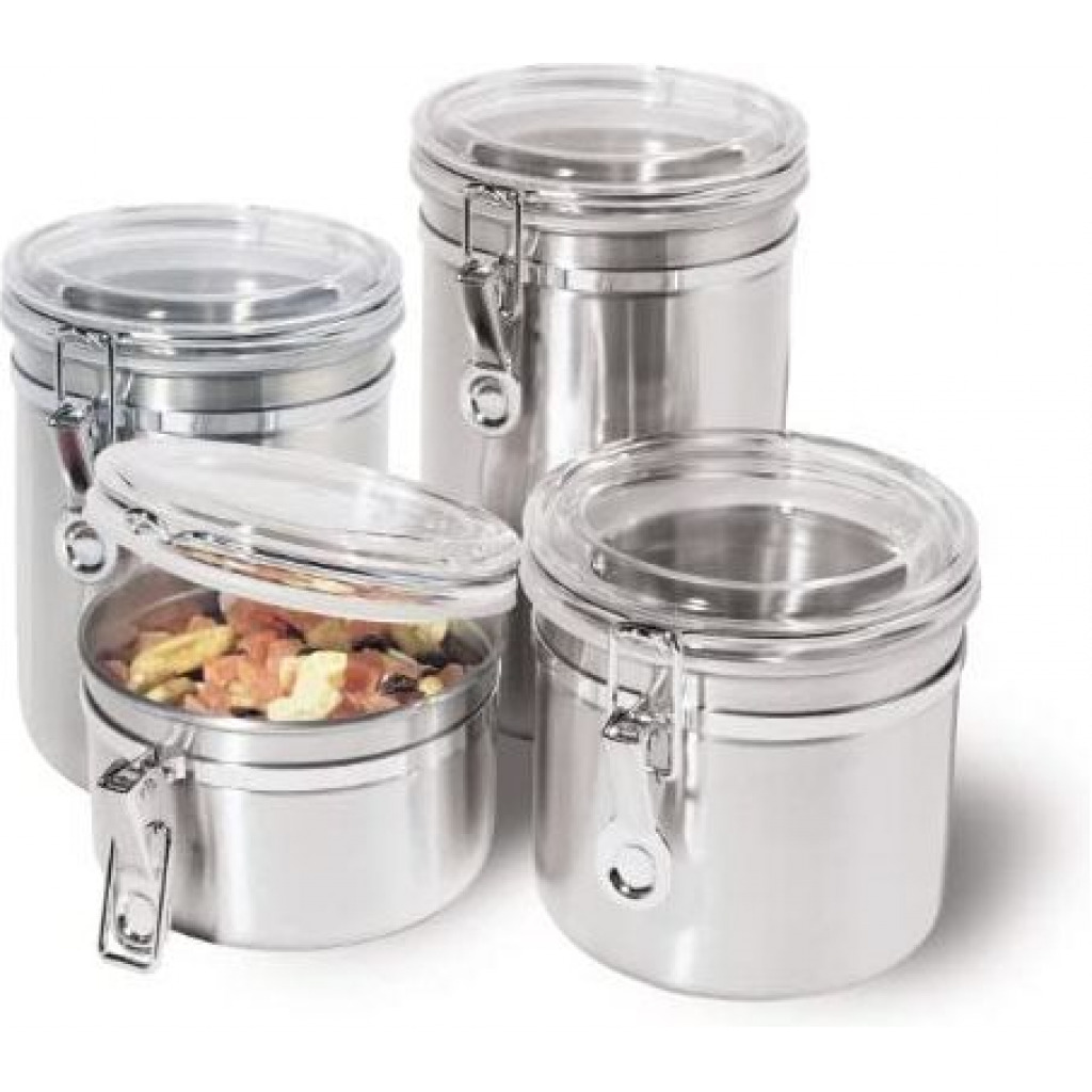 4-Piece Stainless Steel Canister Storage Tins With Acrylic Lid, Silver