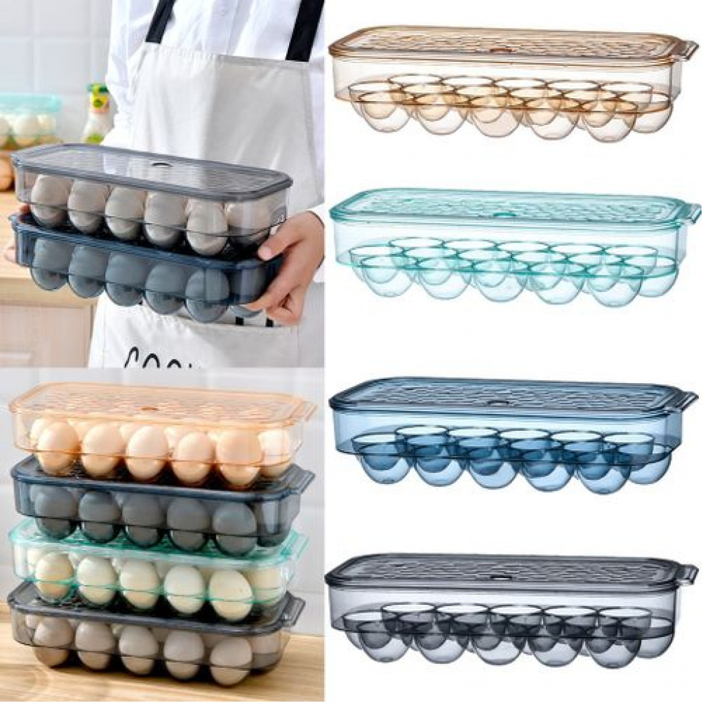 16 Egg Tray Holder For Refrigerator, Stackable Organizer Bin With Lid, Grey