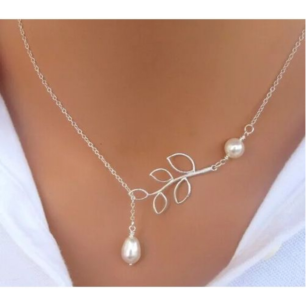 New 925 Sterling Silver Fashion Jewelry Pearl Leaf Short Necklace - Silver
