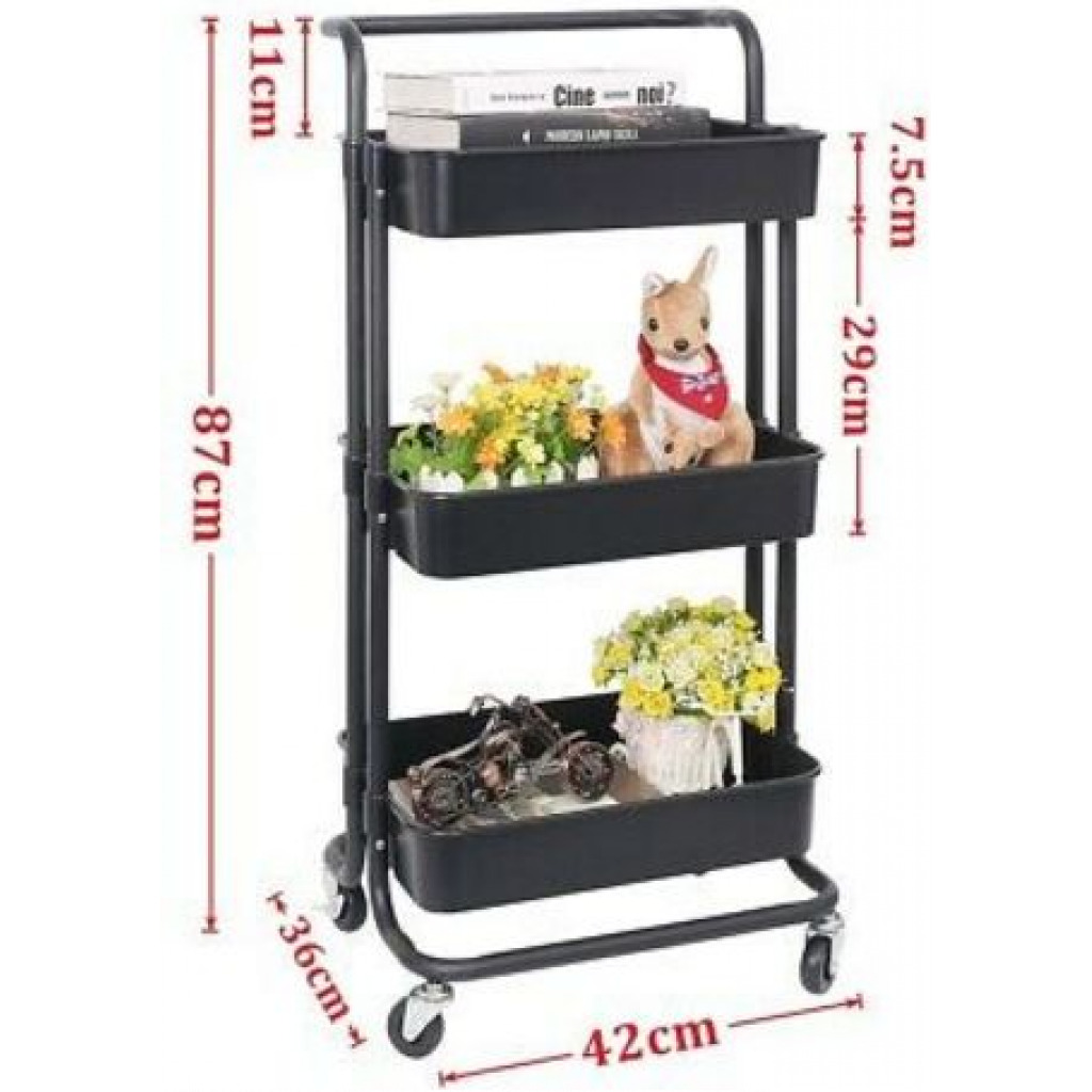 3 Tier Kitchen, Bedroom, Bathroom Storage Rack Basket Trolley Organizer-Black