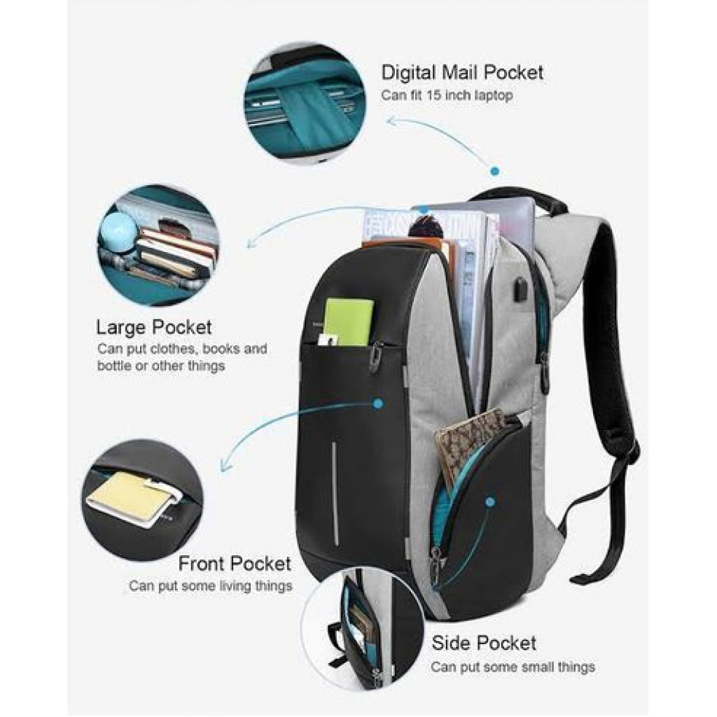 Anti-Theft Multipurpose Laptop Bag With Charging Port - Blue, Black