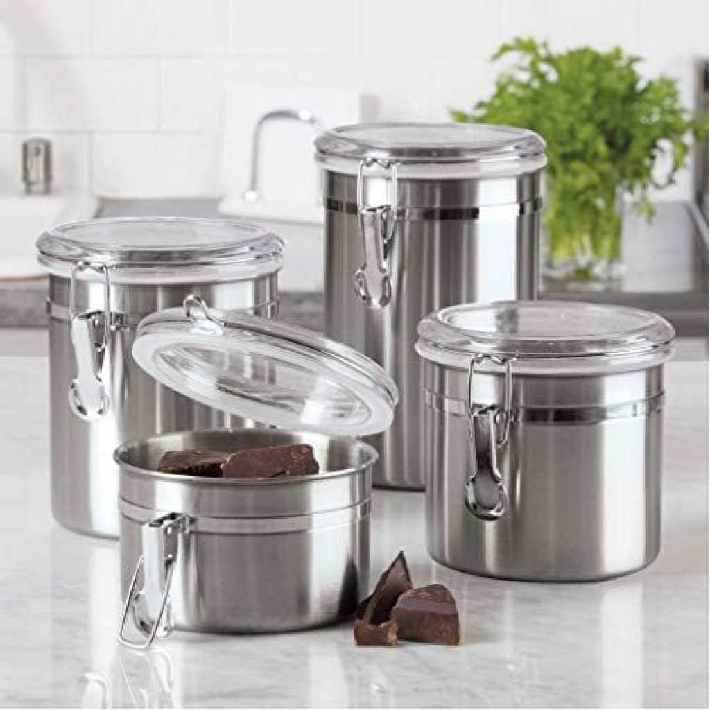 4-Piece Stainless Steel Canister Storage Tins With Acrylic Lid, Silver