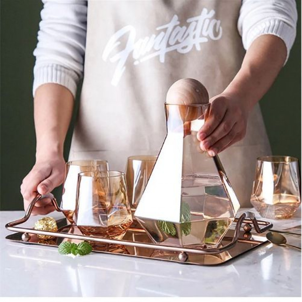 4 Water Glasses,1Jug With Wooden Stopper And A Tray, Brown