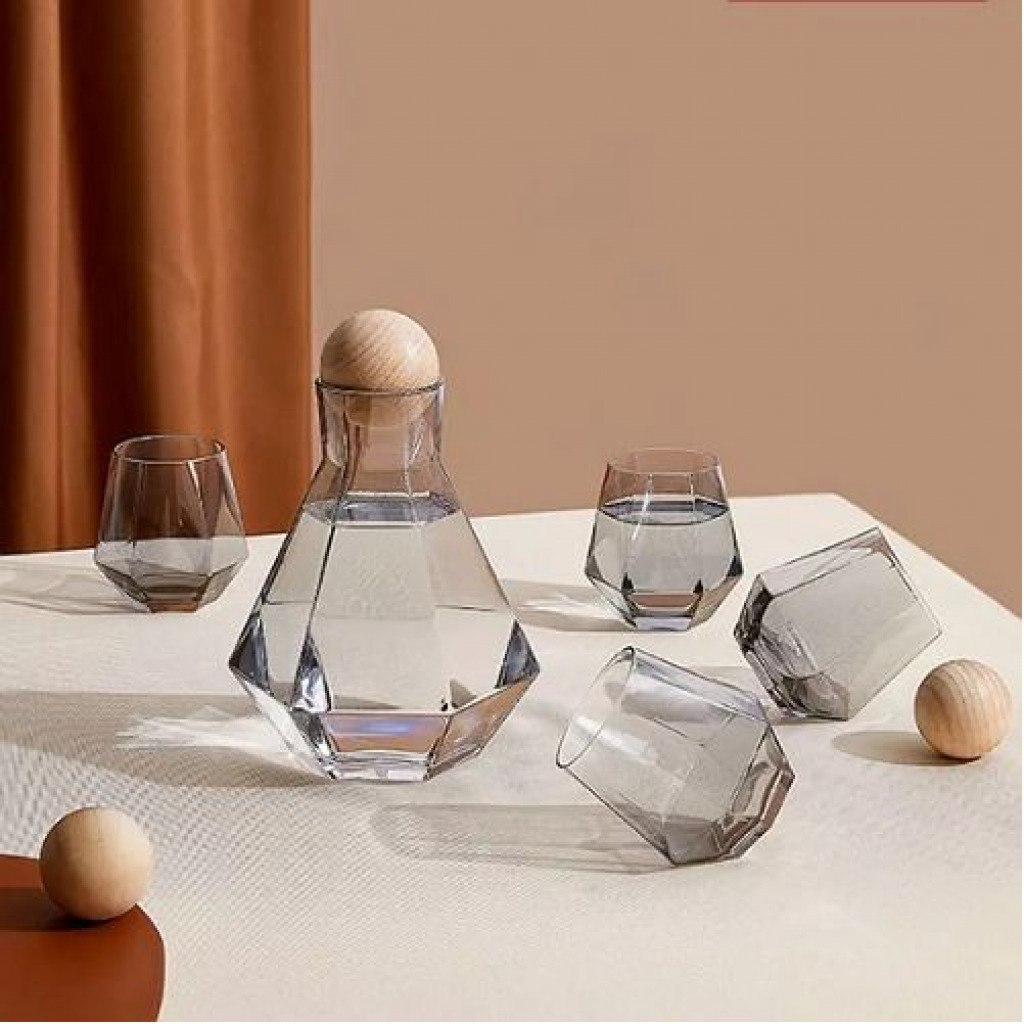 4 Water Glasses,1Jug With Wooden Stopper And A Tray, Colourless