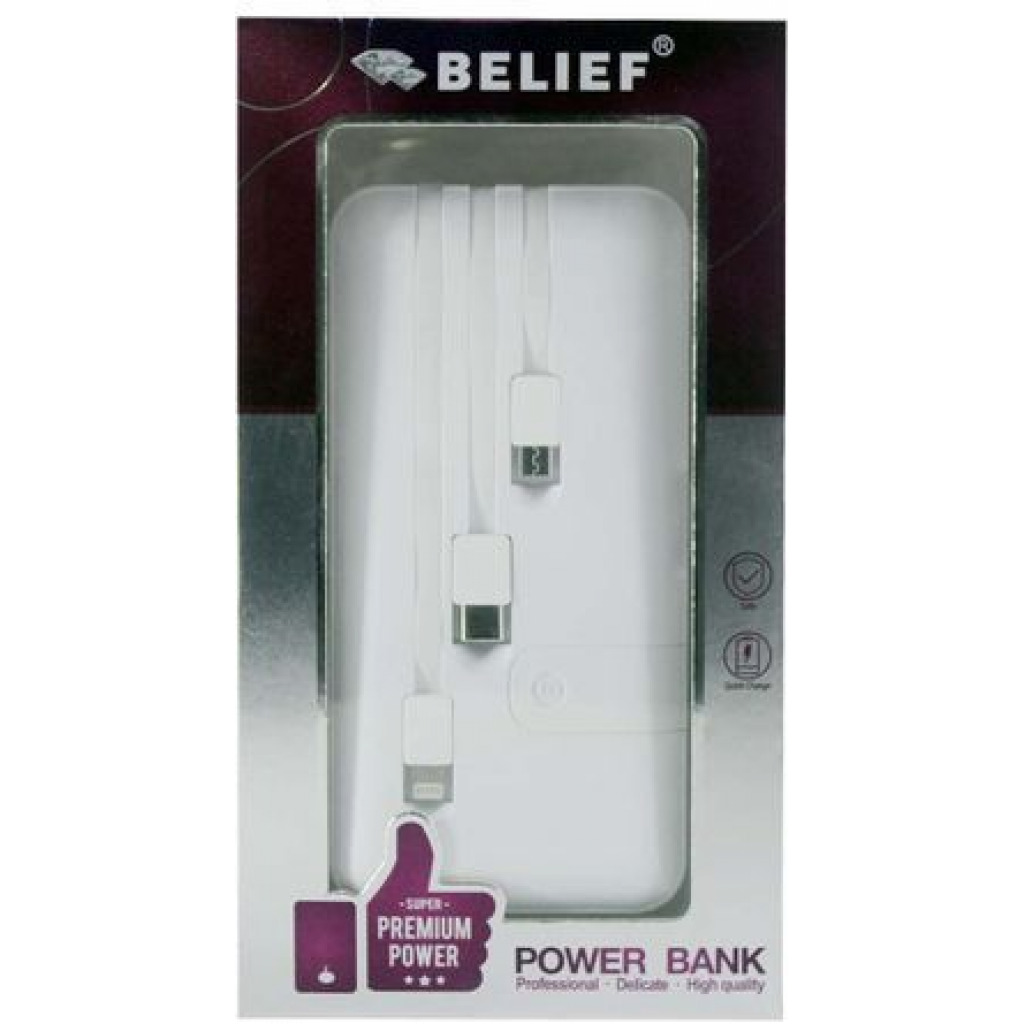 Belief 23000mAh Portable Powerful Power Bank With Multi Charging Cables - White/Black