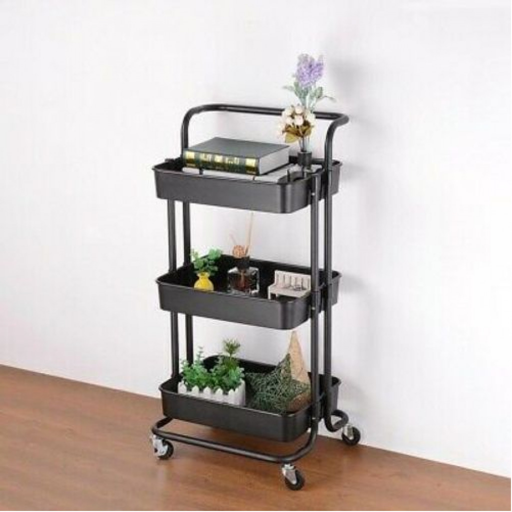 3 Tier Kitchen, Bedroom, Bathroom Storage Rack Basket Trolley Organizer-Black