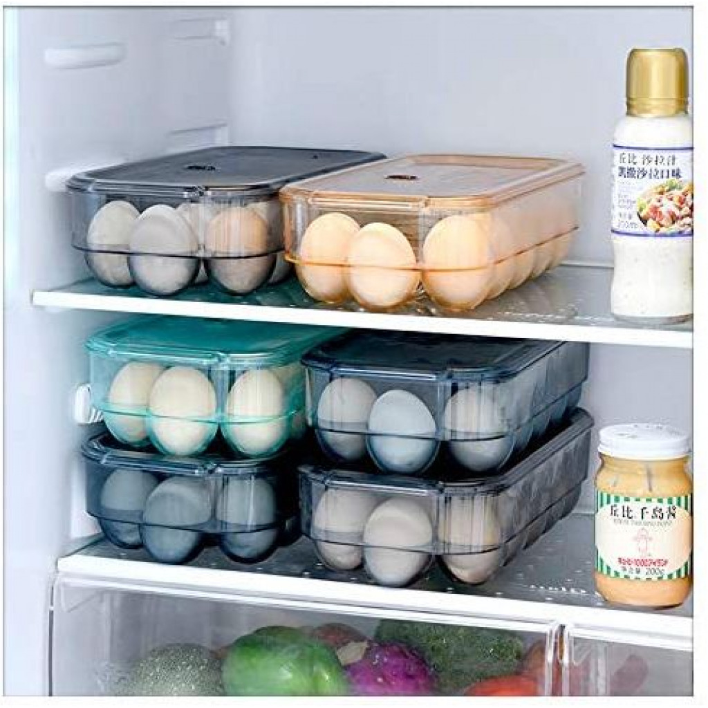 16 Egg Tray Holder For Refrigerator, Stackable Organizer Bin With Lid, Grey
